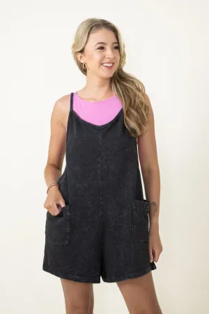 Mineral Washed Terry Cloth Lined Onesie Romper for Women in Black | BIC60686N-BLACK