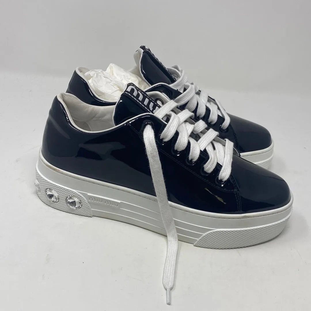Miu Miu Black Patent Leather Sneaker with Circle Gems with Rubber Platform