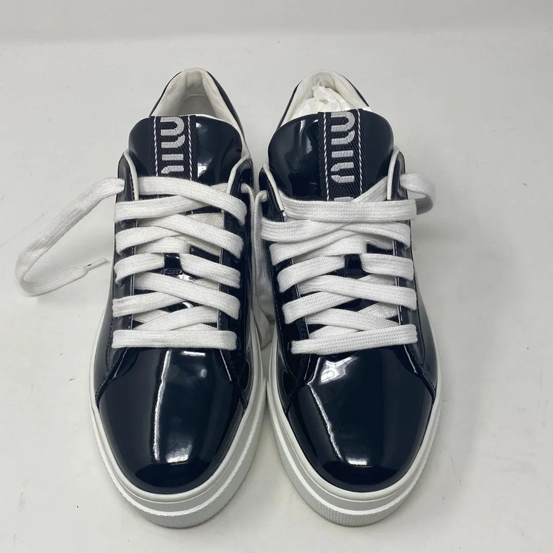 Miu Miu Black Patent Leather Sneaker with Circle Gems with Rubber Platform