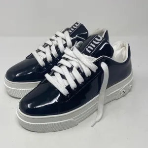 Miu Miu Black Patent Leather Sneaker with Circle Gems with Rubber Platform
