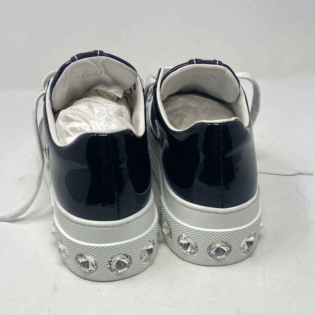 Miu Miu Black Patent Leather Sneaker with Circle Gems with Rubber Platform