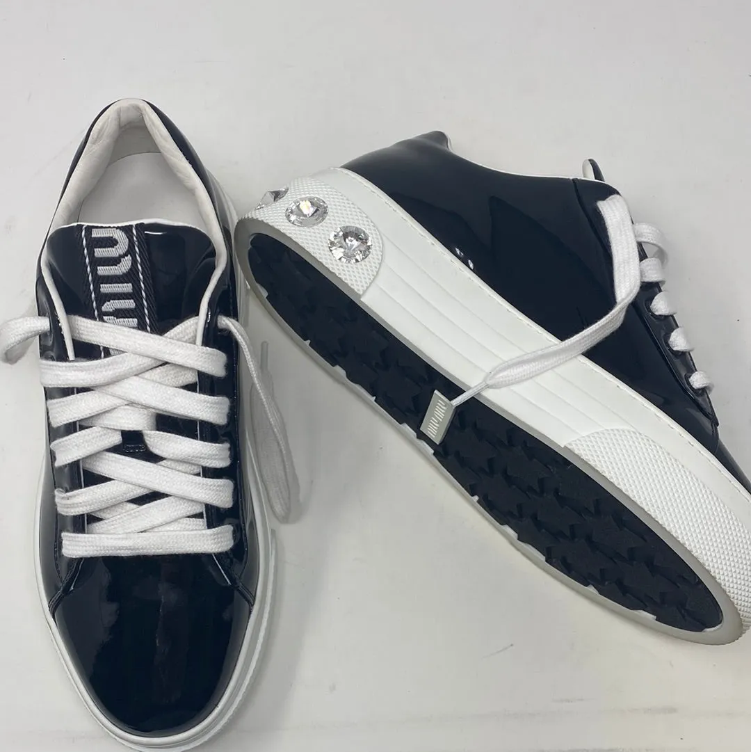 Miu Miu Black Patent Leather Sneaker with Circle Gems with Rubber Platform