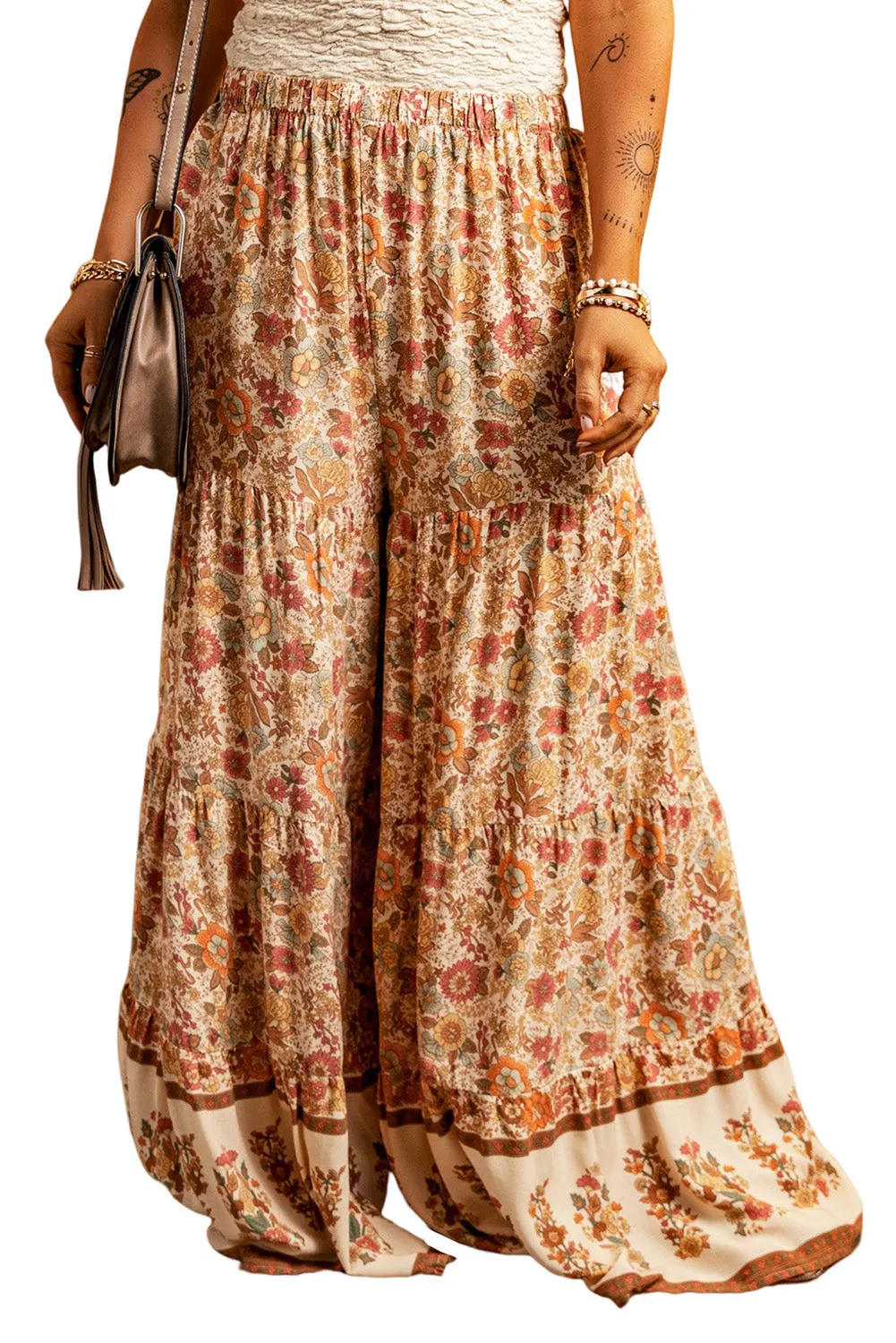 Multicolor Boho Floral Patchwork Loose Fit Wide Leg Pants