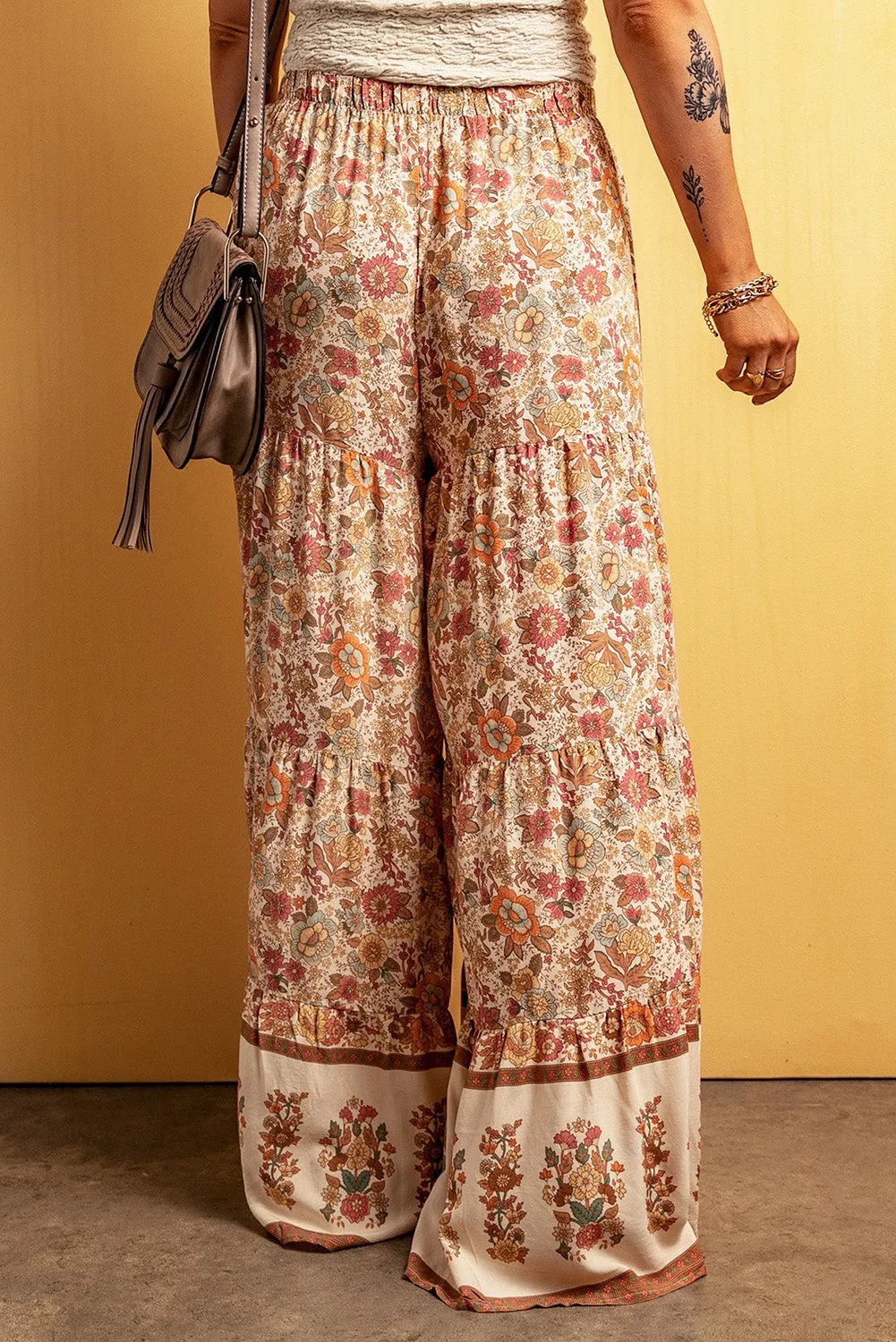 Multicolor Boho Floral Patchwork Loose Fit Wide Leg Pants