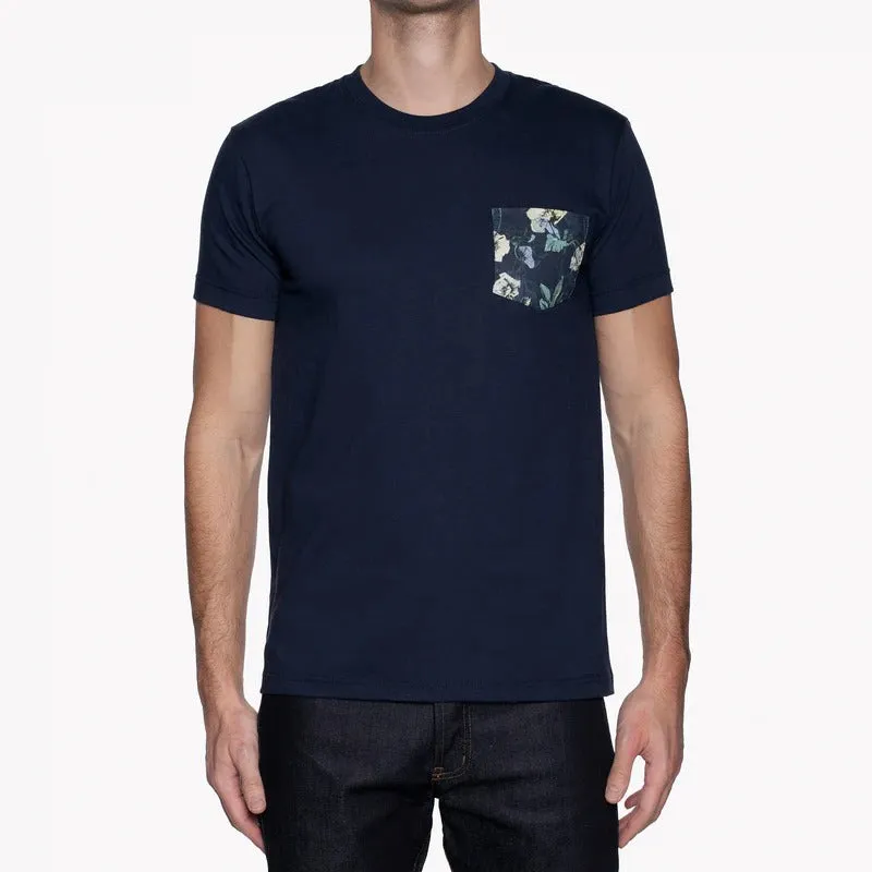 【Naked and Famous】Pocket Tee - Navy   Flower Painting - Navy／花朵口袋海軍藍短T