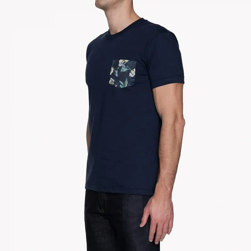 【Naked and Famous】Pocket Tee - Navy   Flower Painting - Navy／花朵口袋海軍藍短T