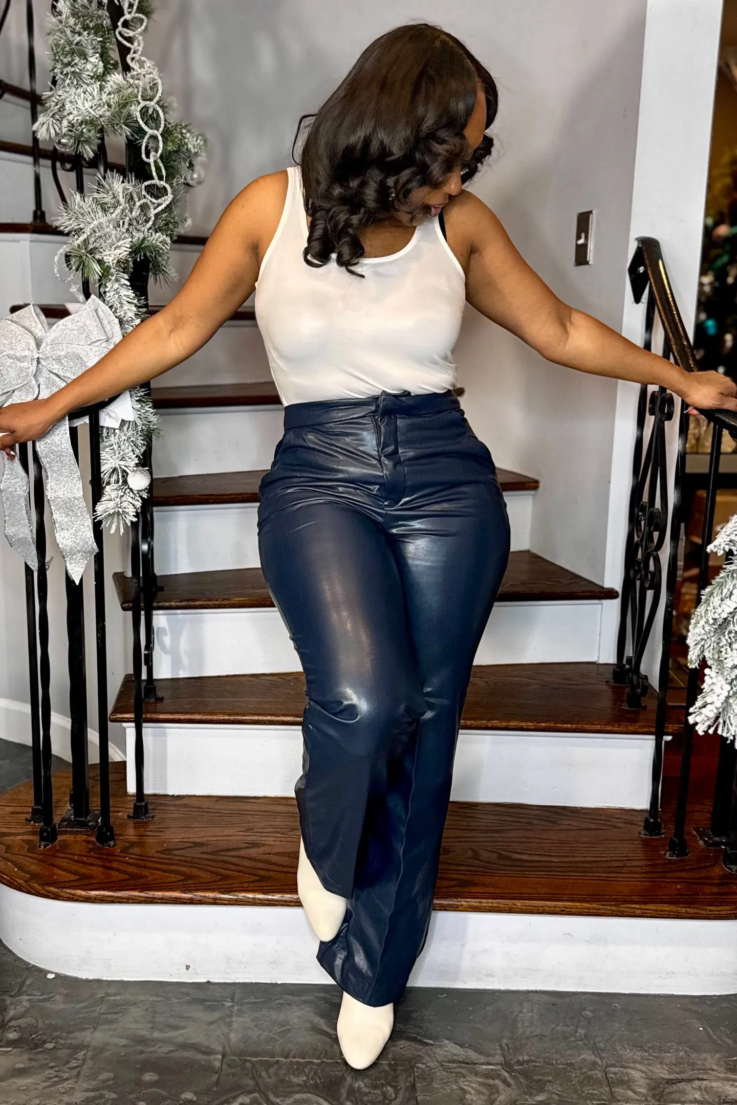 NAVY FAUX LEATHER PANTS