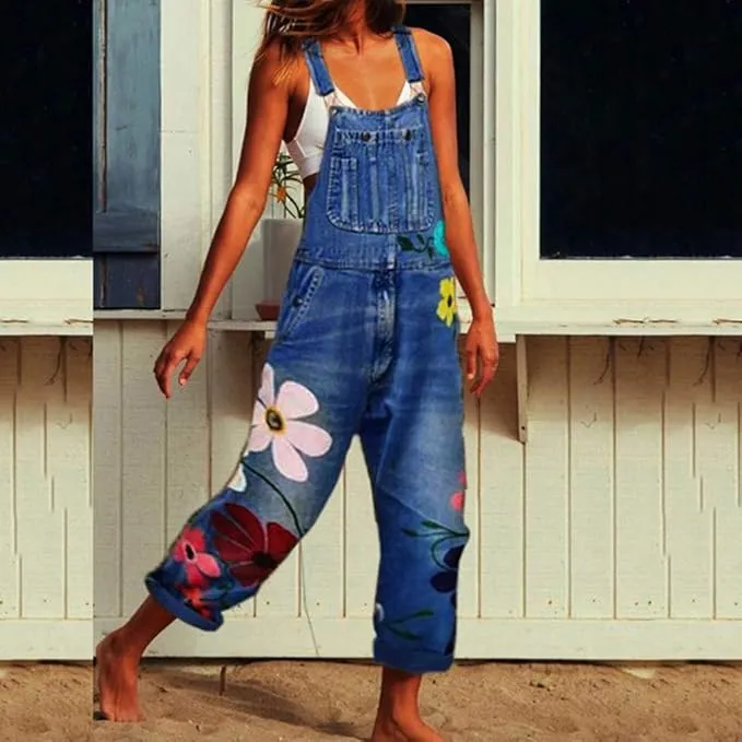 NEW WUAI-Women Denim Overalls Jumpsuit Casual Floral Printed Baggy Loose Bib Jeans Pants Rompers with Pockets, Sz XL
