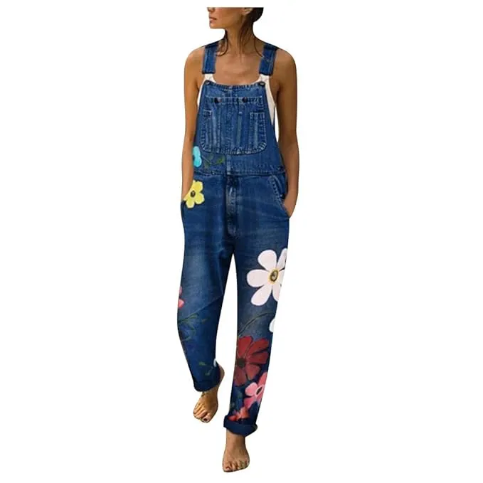 NEW WUAI-Women Denim Overalls Jumpsuit Casual Floral Printed Baggy Loose Bib Jeans Pants Rompers with Pockets, Sz XL