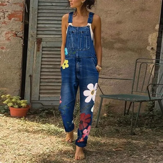 NEW WUAI-Women Denim Overalls Jumpsuit Casual Floral Printed Baggy Loose Bib Jeans Pants Rompers with Pockets, Sz XL