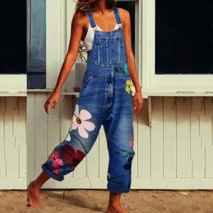 NEW WUAI-Women Denim Overalls Jumpsuit Casual Floral Printed Baggy Loose Bib Jeans Pants Rompers with Pockets, Sz XL