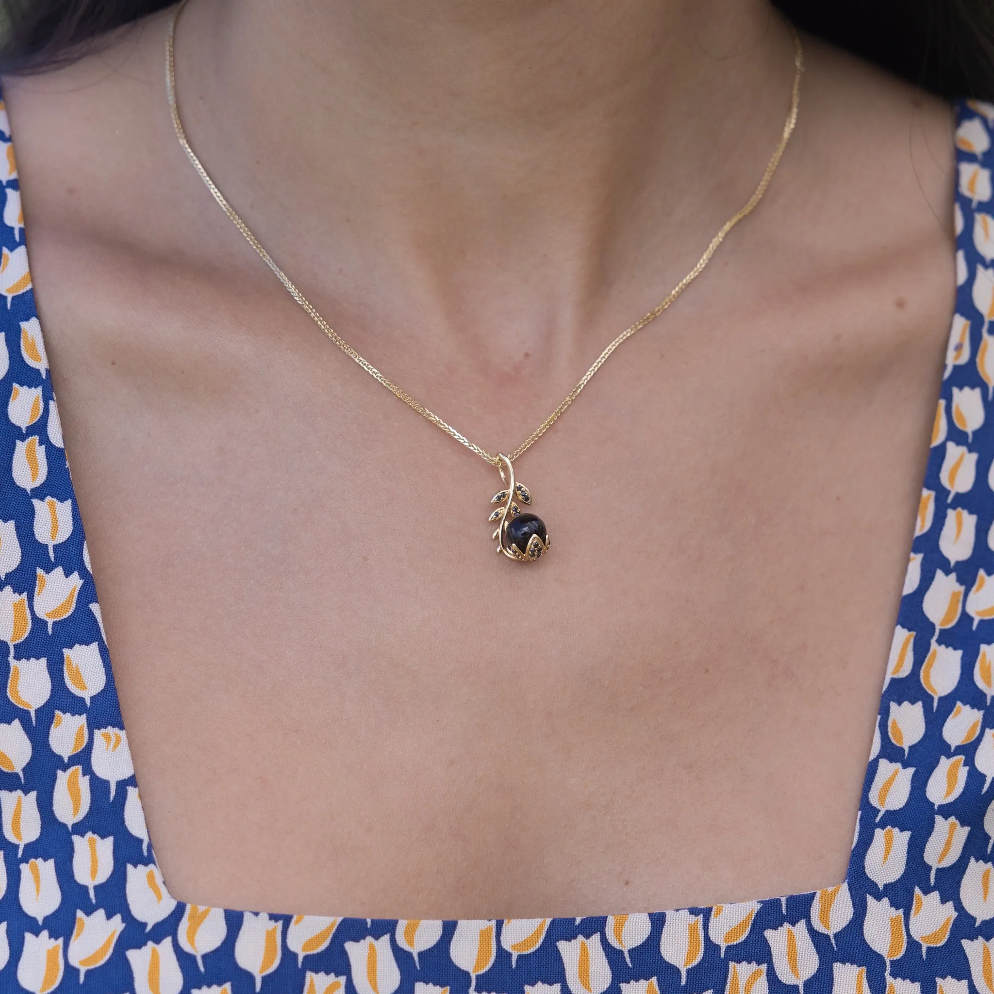 Night Blossom Black Coral Pendant in Gold with Black Diamonds