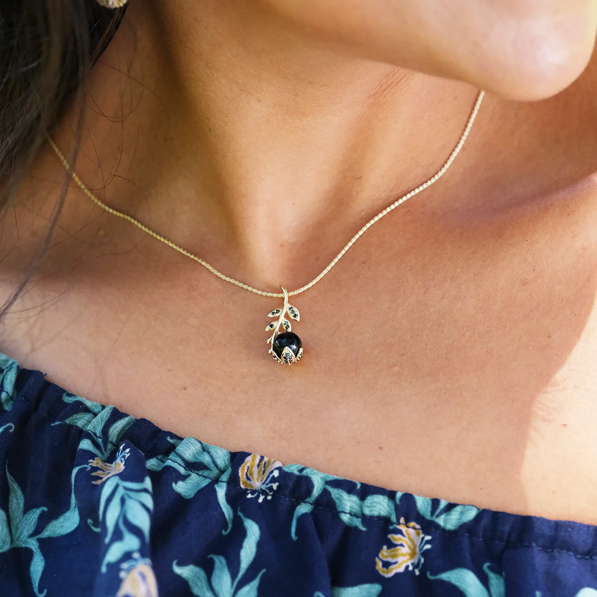 Night Blossom Black Coral Pendant in Gold with Black Diamonds
