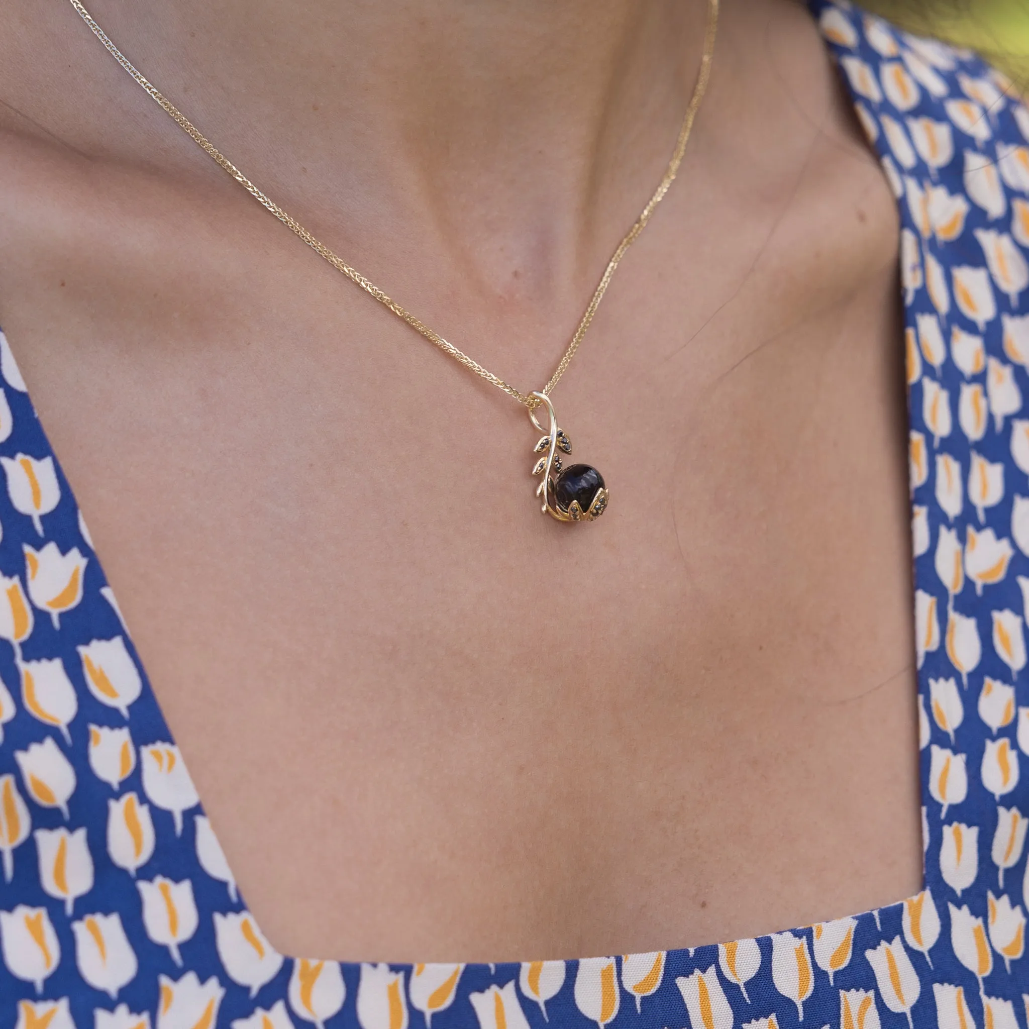 Night Blossom Black Coral Pendant in Gold with Black Diamonds