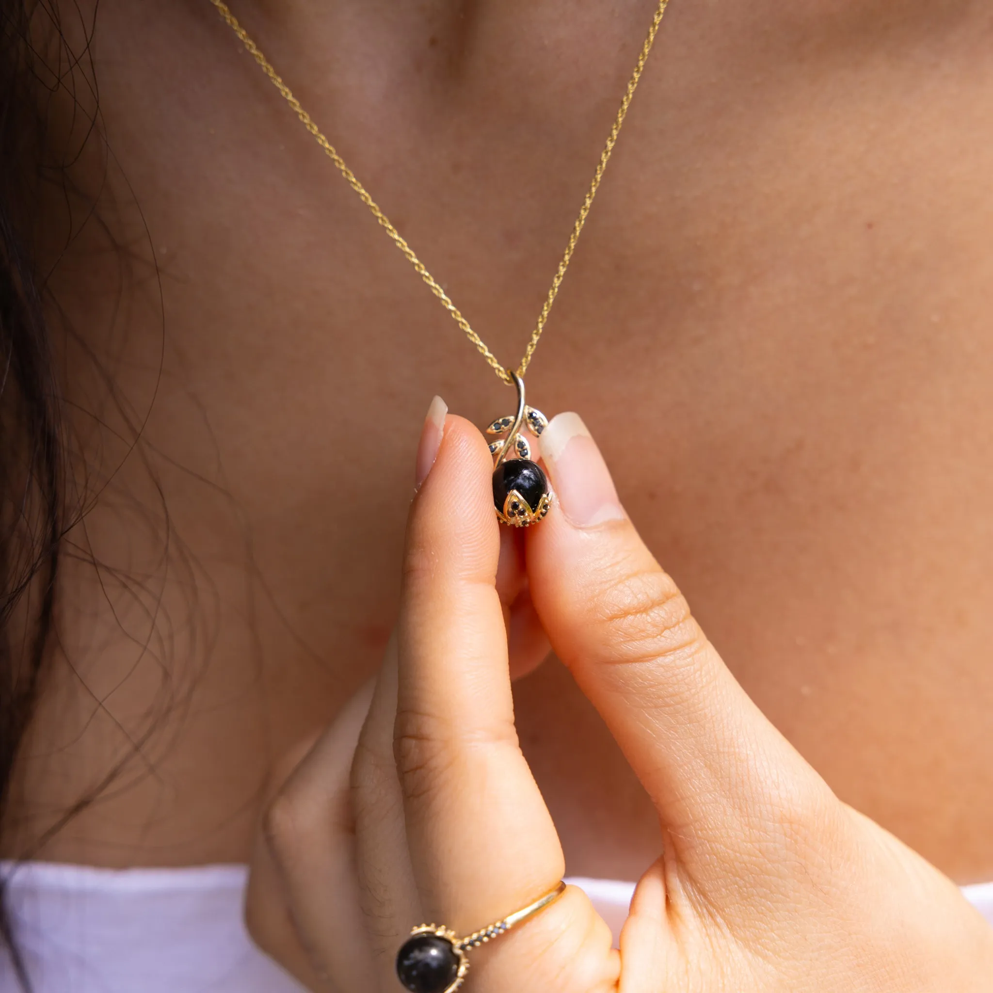 Night Blossom Black Coral Pendant in Gold with Black Diamonds