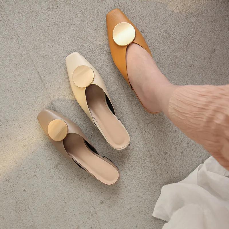 Off-White Square Toe Metal Buckle Mules #001005