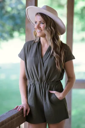 Olive Drape Collar Elastic Waist Romper