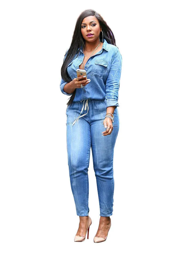 One Piece Denim Romper and Jumpsuits for Women with Pockets