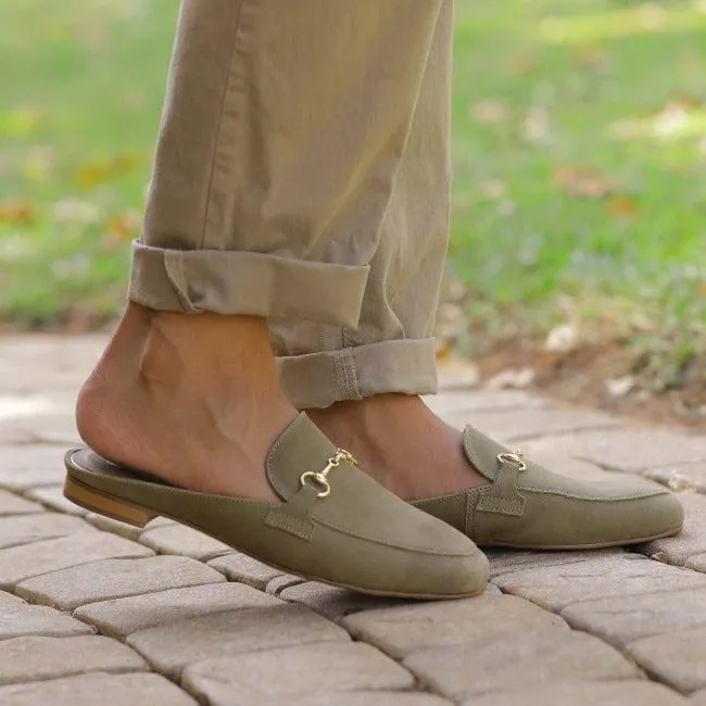 Open back mule with gold trim in Forest - 12450