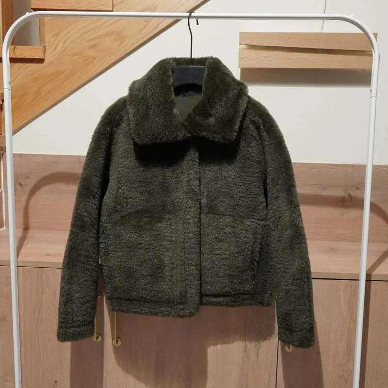 Original Quality Elegant Solid Turn Down Collar Long Sleeve Faux Fur Coat Women Fashion Casual Loose Fur Jacket Y2k Tops