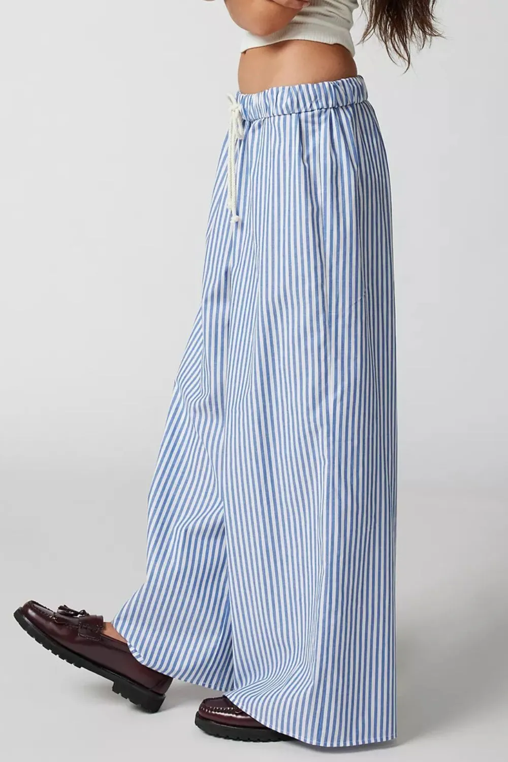 Outstanding drawstring striped pants wide leg