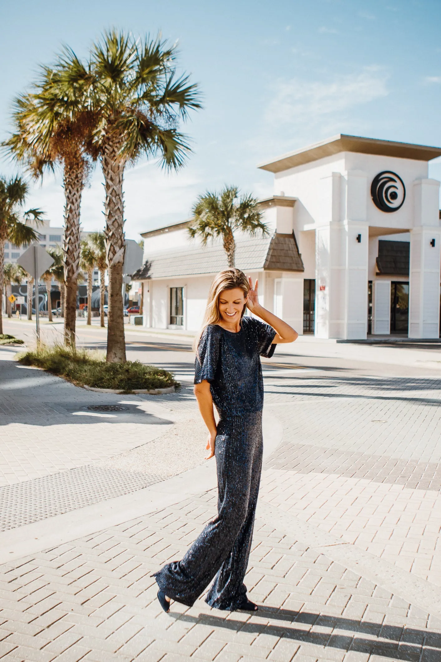 PARTY READY SEQUIN FLARED PANTS - NAVY