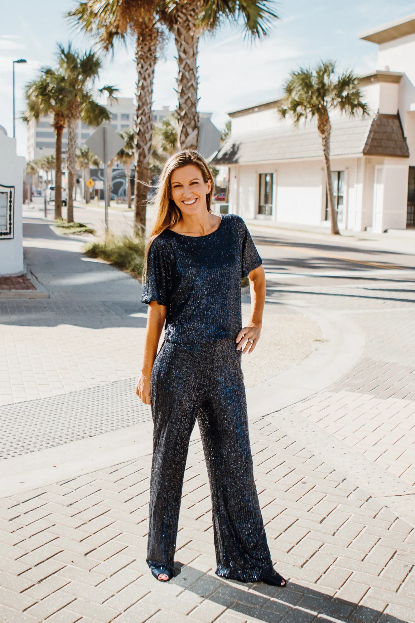 PARTY READY SEQUIN FLARED PANTS - NAVY