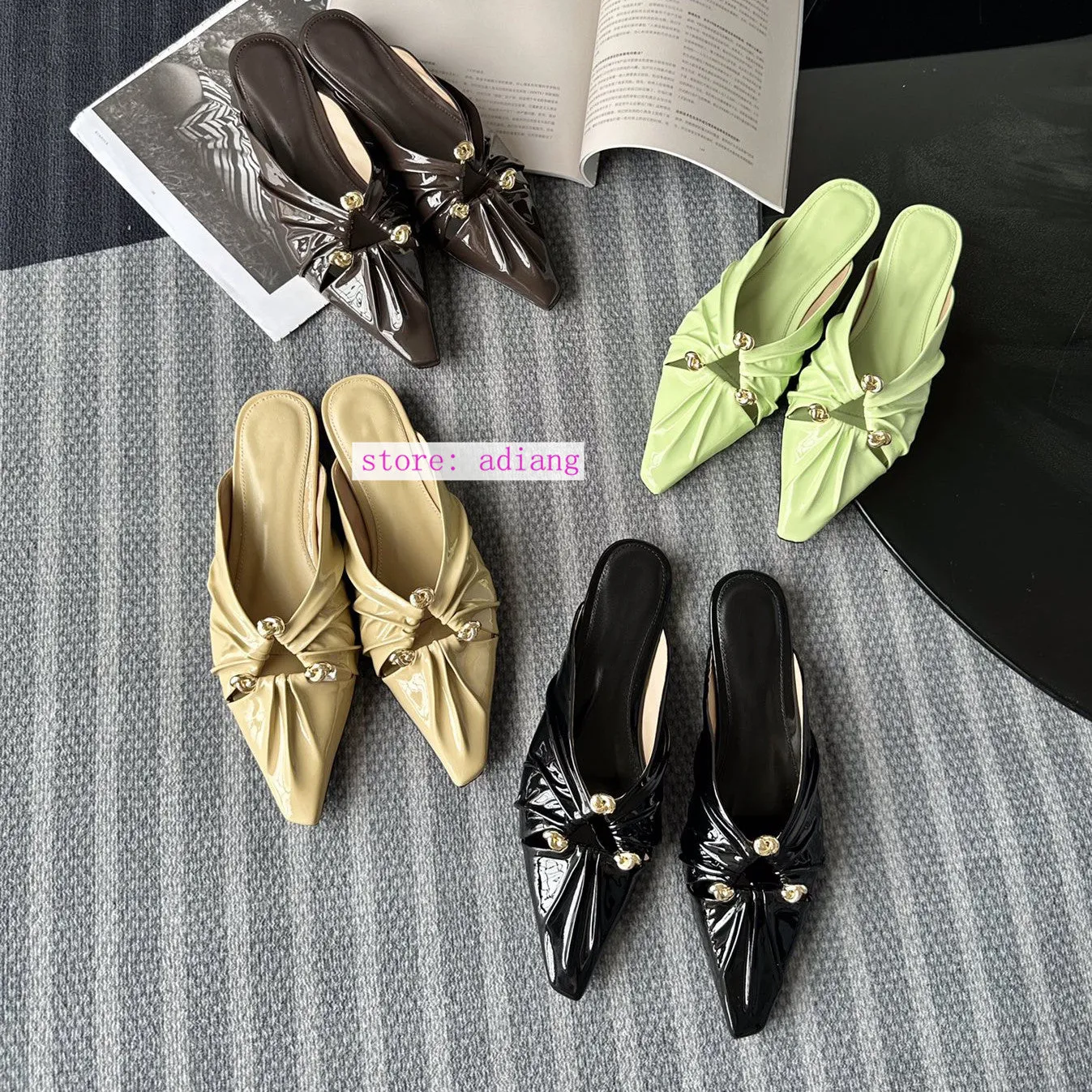 patent cow leather point toe mules flats comfort fashion women 2023 35-40 high quality