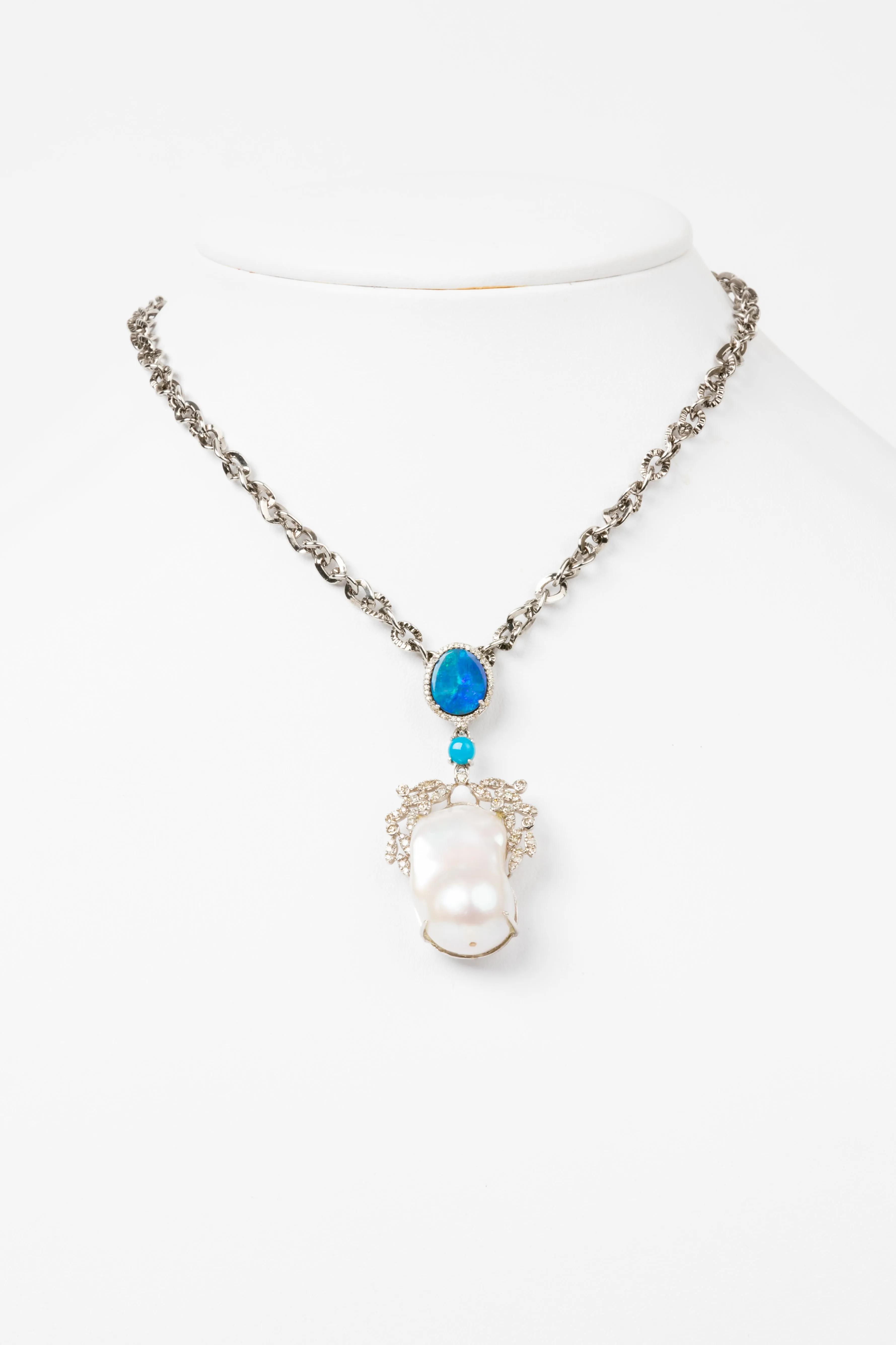 Pave Diamond, Pearl, Opal, Necklace