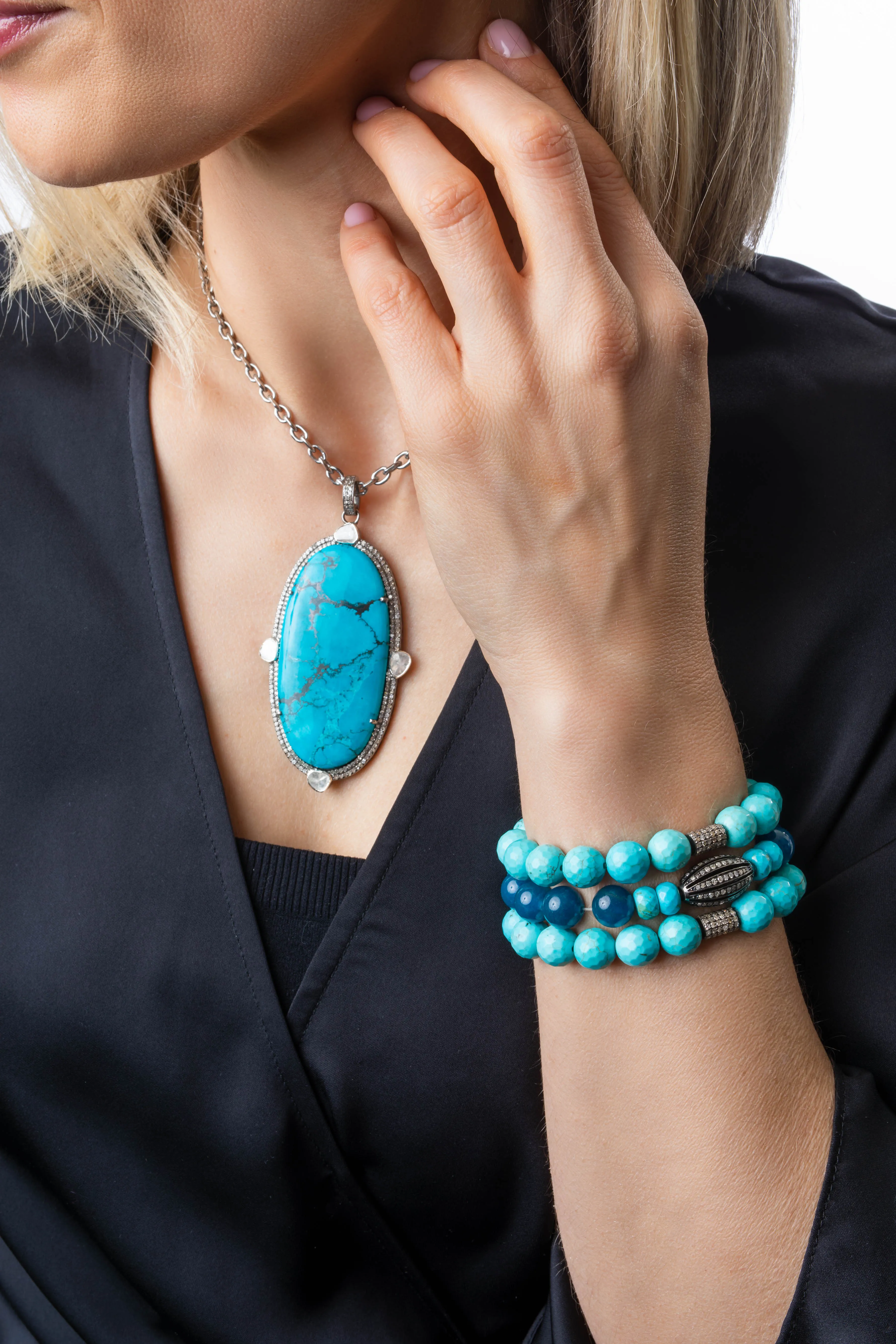 Pave Diamond, Rose Cut Diamond, Natural Turquoise Necklace