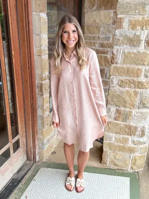 Peach Shiny Crinkled Shirt Dress