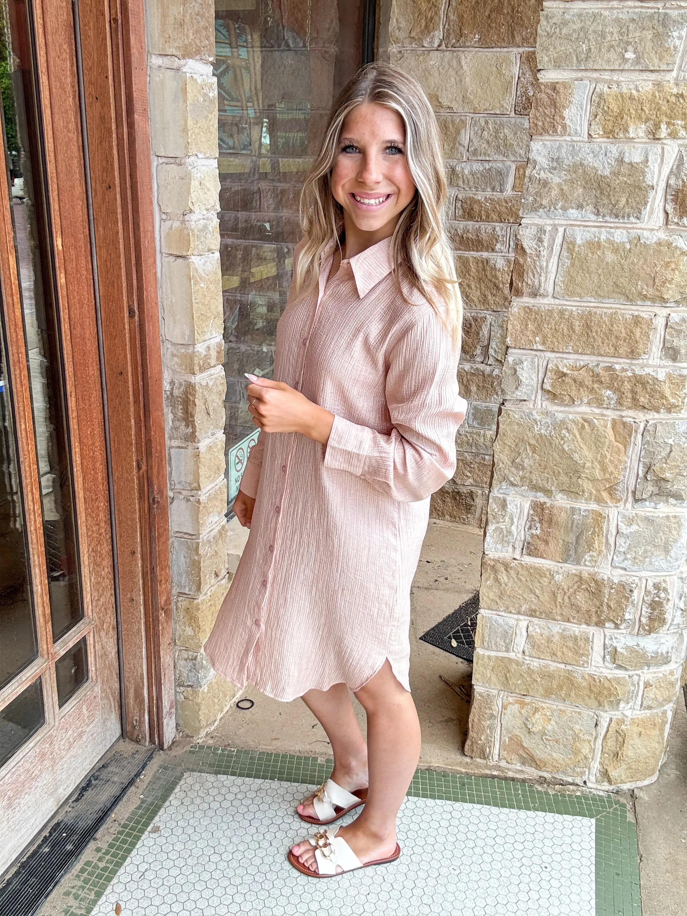 Peach Shiny Crinkled Shirt Dress