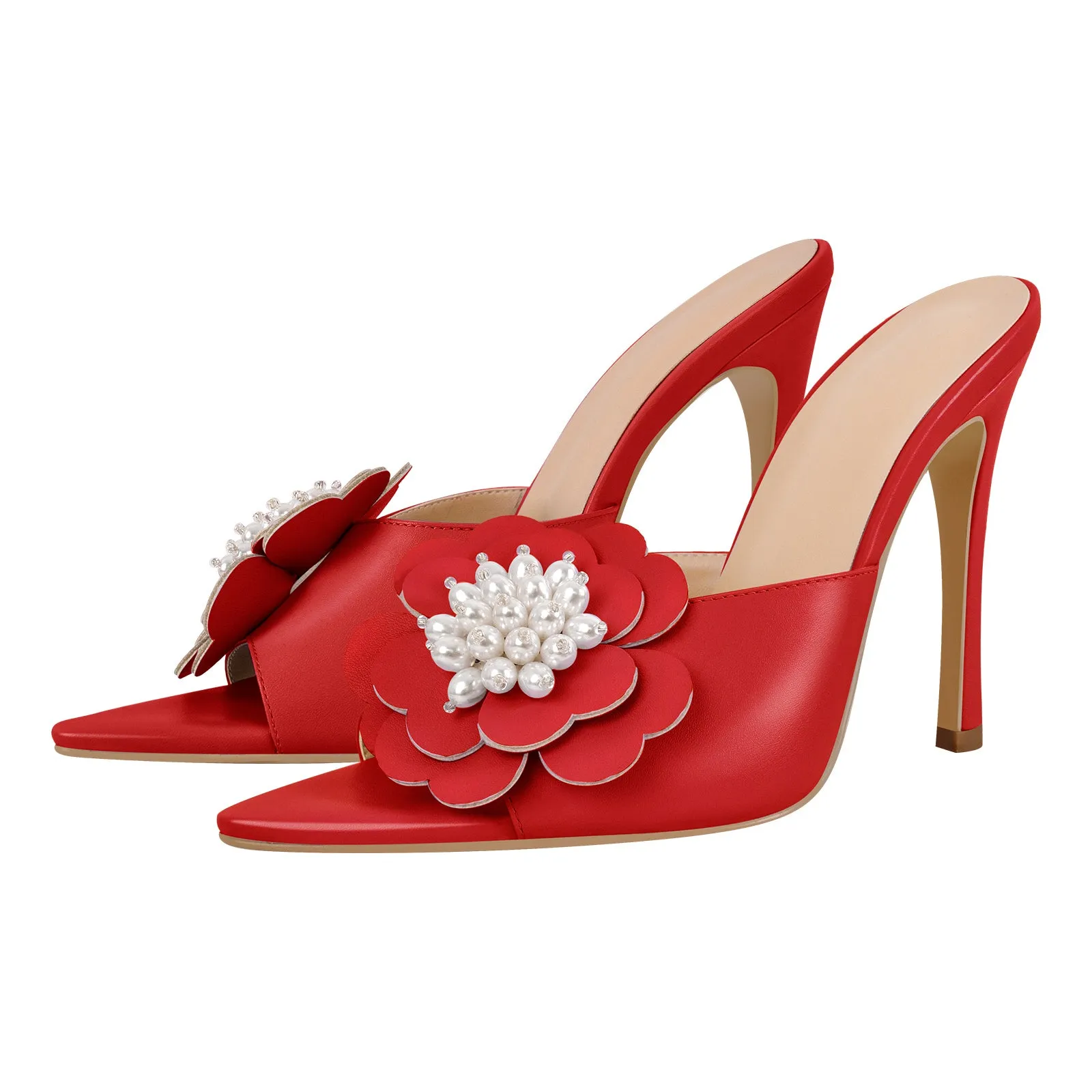 Pearl Flower Pointed Toe Stiletto Mules