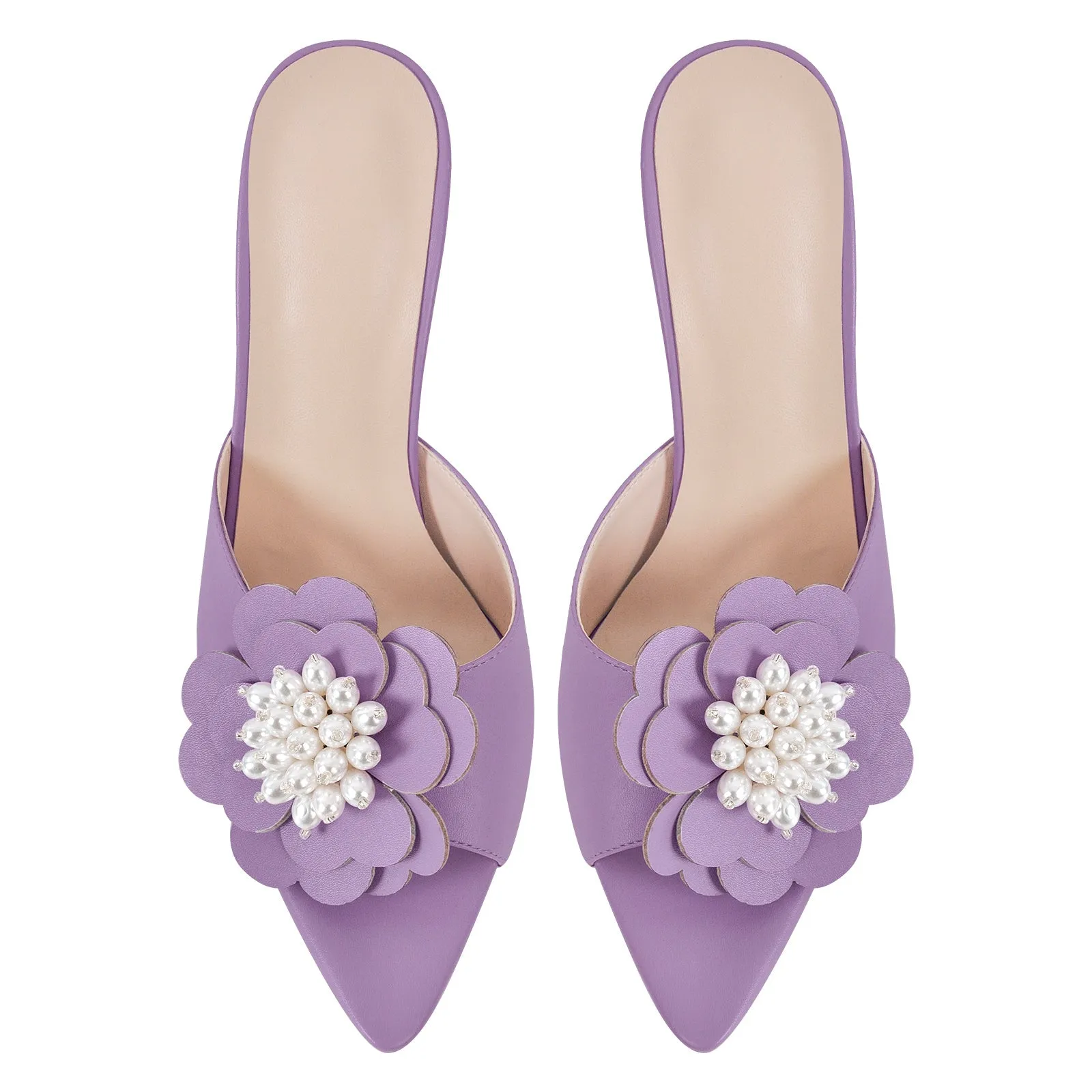 Pearl Flower Pointed Toe Stiletto Mules