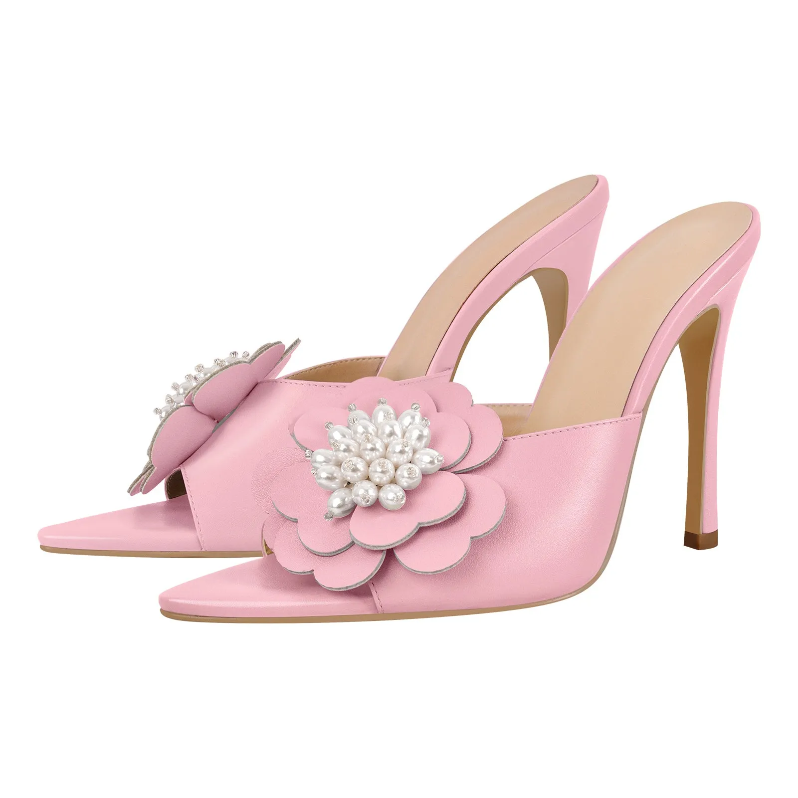 Pearl Flower Pointed Toe Stiletto Mules
