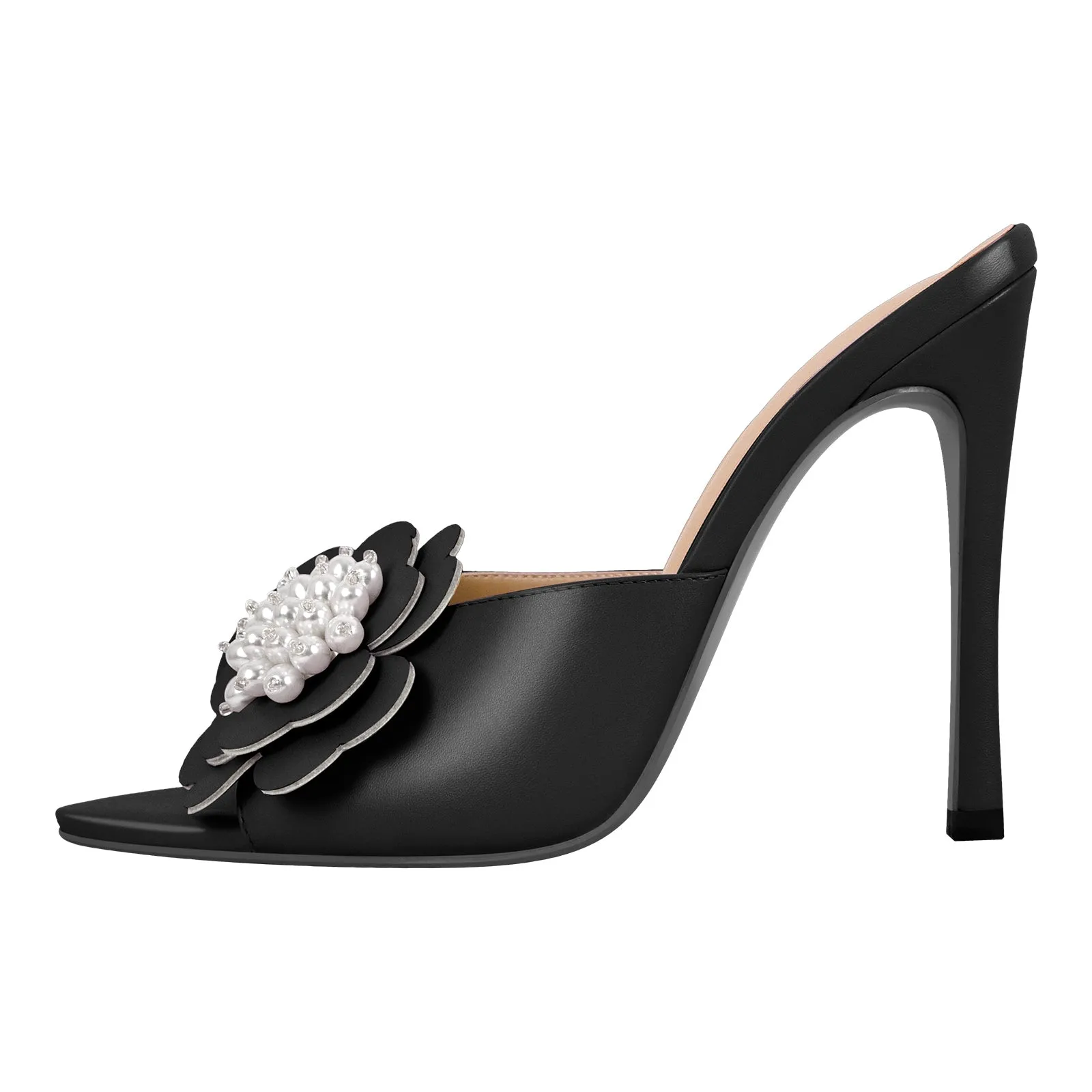 Pearl Flower Pointed Toe Stiletto Mules