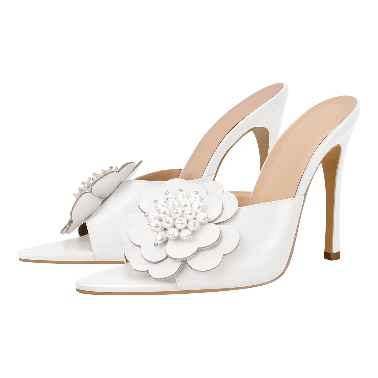 Pearl Flower Pointed Toe Stiletto Mules