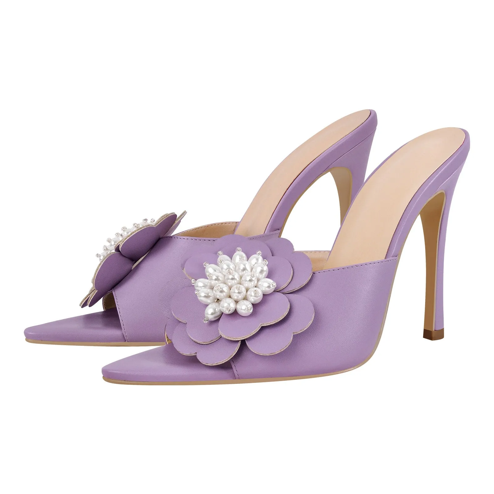 Pearl Flower Pointed Toe Stiletto Mules