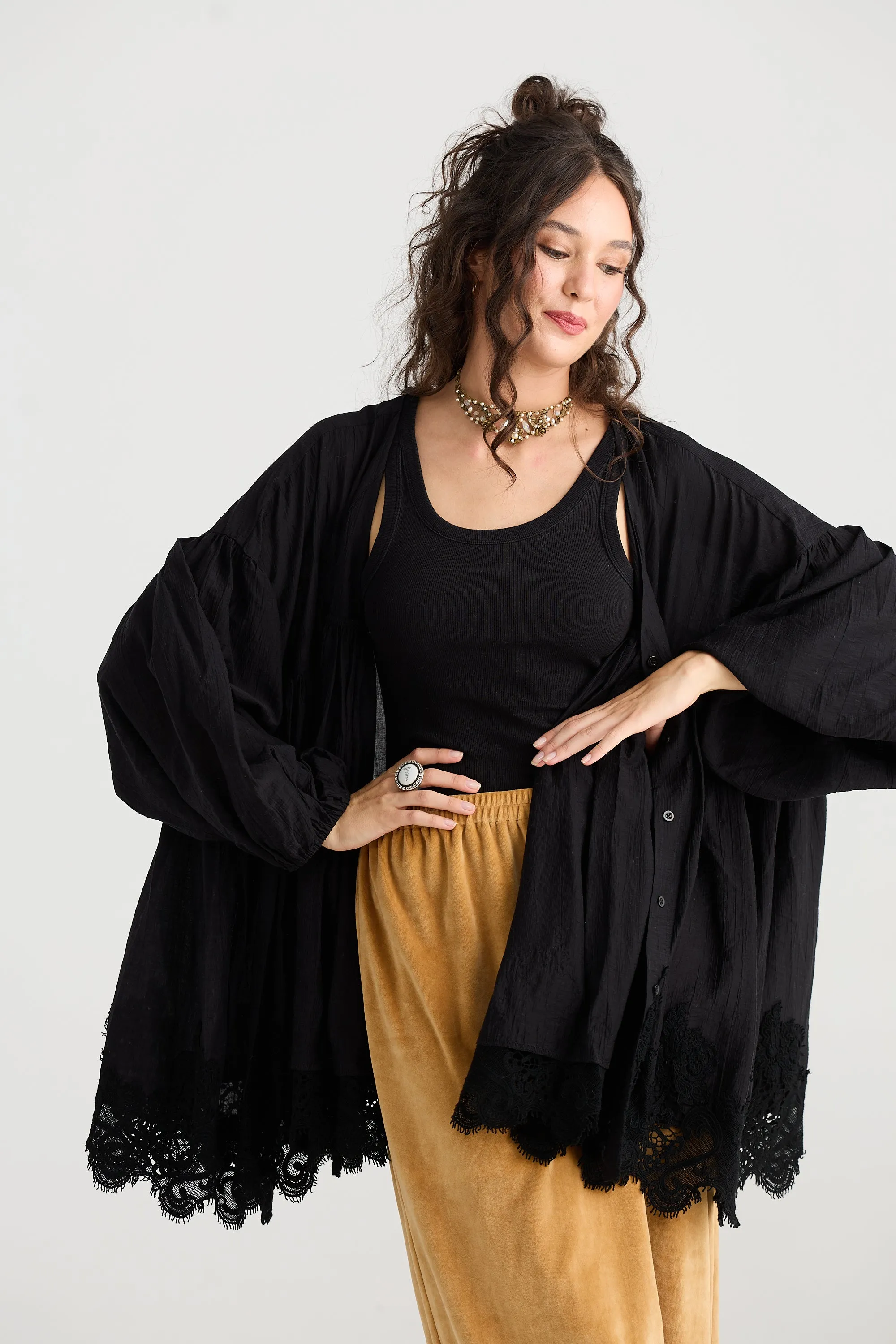Perenelle Lace edged top. Ebony