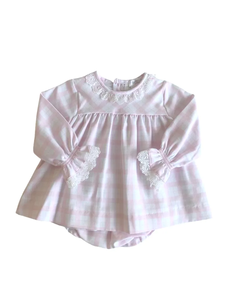 Pink & White Check Dress and Pant Set