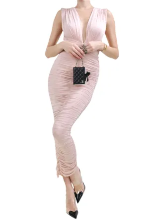 Pink Sleeveless Ruched Stretch-Jersey Midi Dress