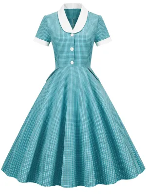 Plaid Tuxedo Collar 1950S Vintage Dress With Pockets