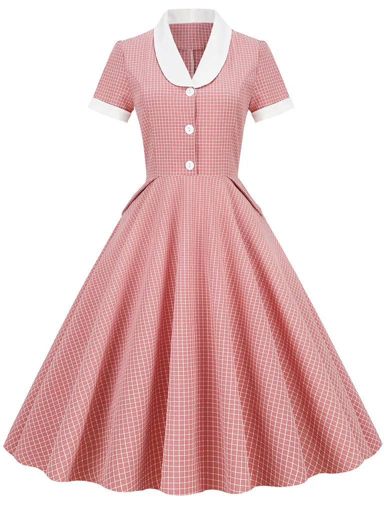Plaid Tuxedo Collar 1950S Vintage Dress With Pockets