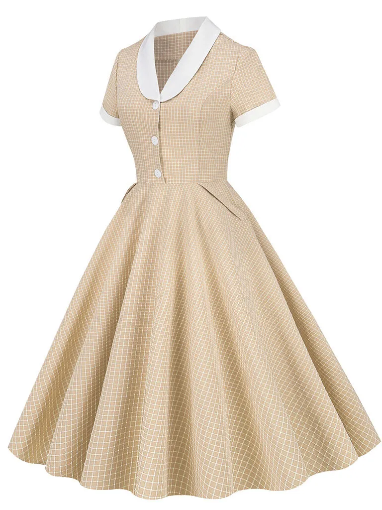 Plaid Tuxedo Collar 1950S Vintage Dress With Pockets