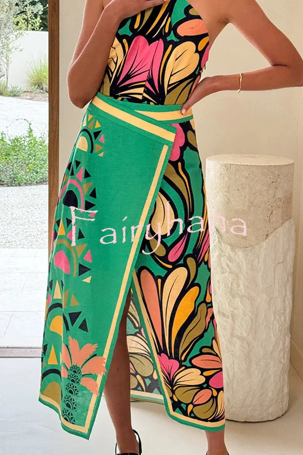 Plant Print Sexy Slit Casual Holiday Midi Skirt