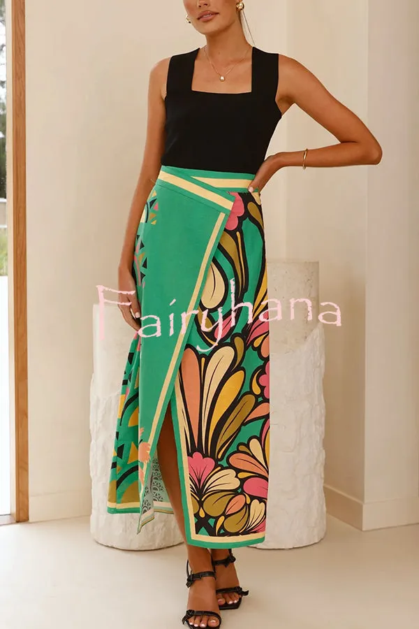 Plant Print Sexy Slit Casual Holiday Midi Skirt