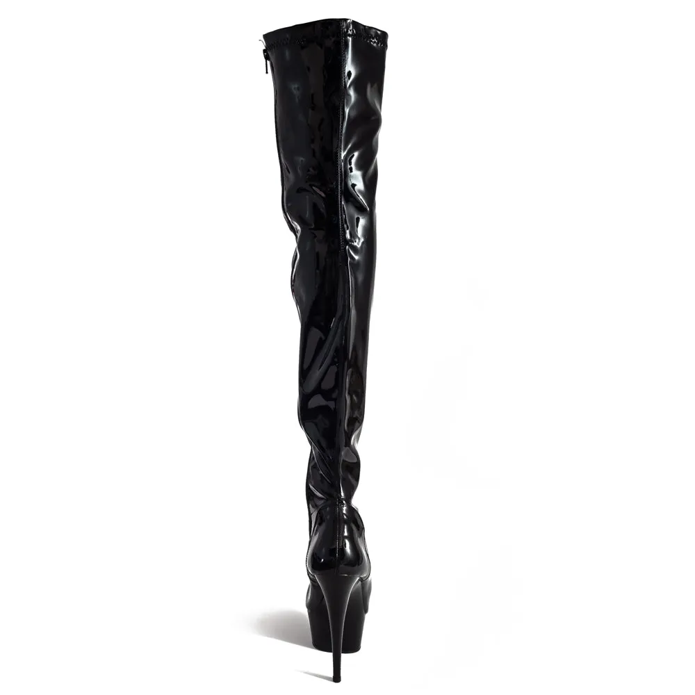 Pleaser Delight 6" Stiletto Platform Thigh Boots - Patent Black