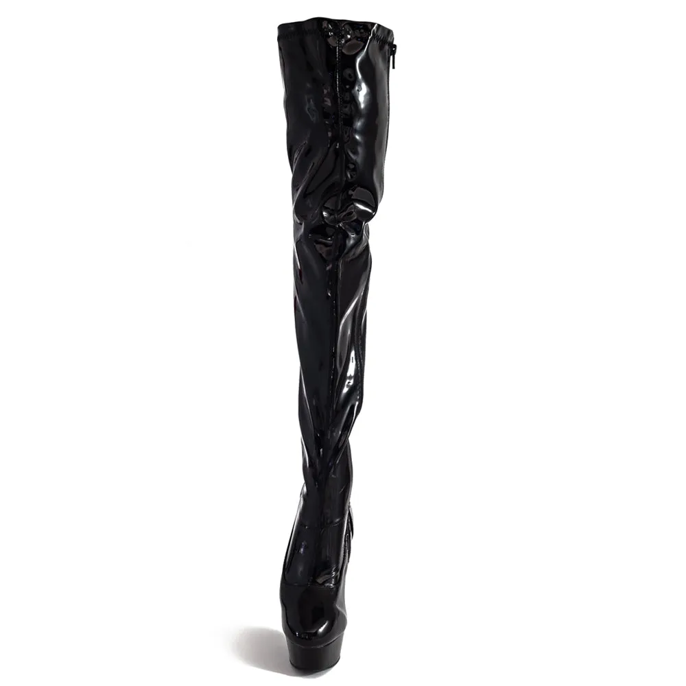 Pleaser Delight 6" Stiletto Platform Thigh Boots - Patent Black