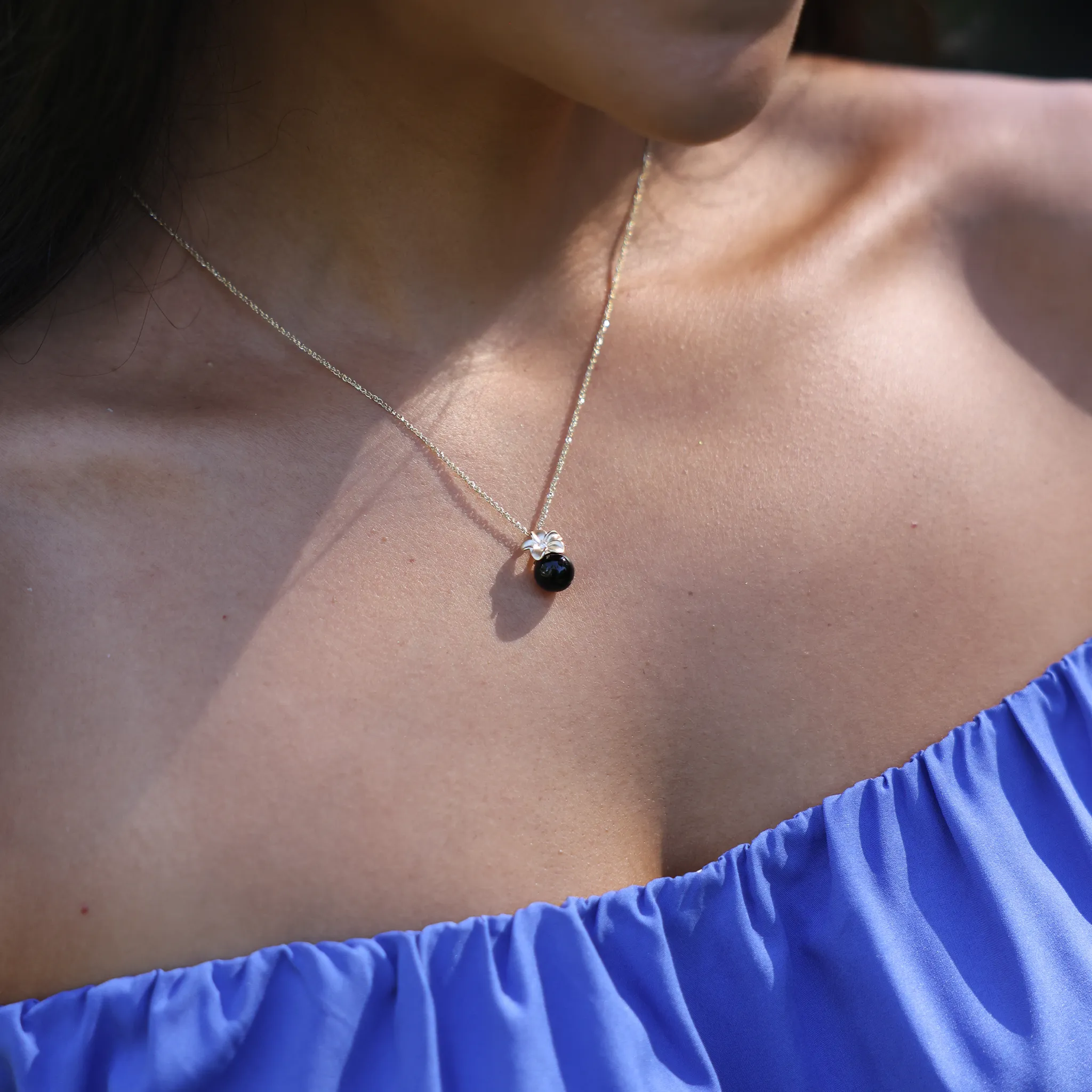 Plumeria Black Coral Pendant in Gold with Diamonds