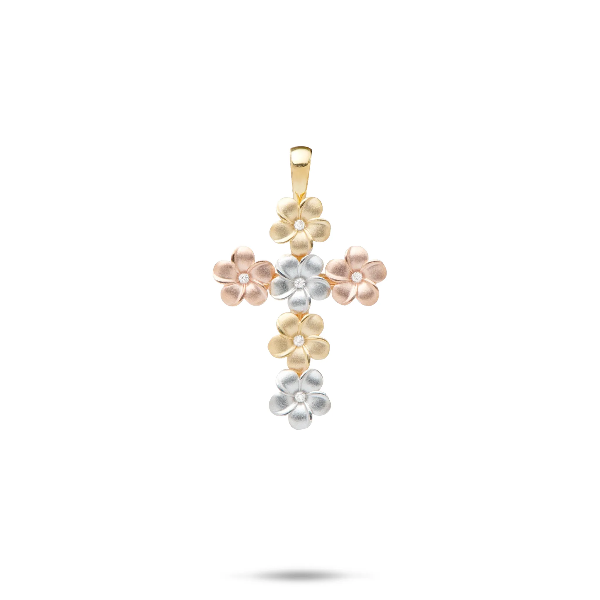 Plumeria Cross Pendant with Diamonds in Tri Color Gold - 25mm